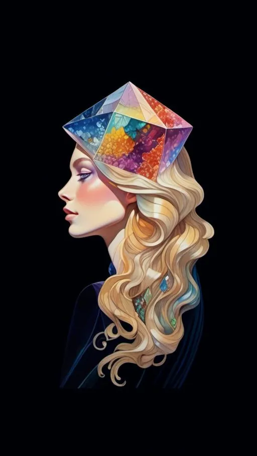 Prompt: <mymodel>Blonde woman with long curly hair, giant gem set eyes, psychedelic hallucination, rainbow fractals, geometry, inlaid precious gemstones, crystals, high quality, surreal, gemstone mosaic, detailed hair, vibrant colors, hallucinatory atmosphere, mesmerizing, otherworldly, natural lighting