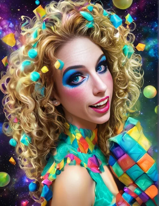 Prompt: Psychedelic hyperrealism of a female cosmic jester, long blond curly hair, vibrant psychedelic jester hat and attire and makeup, hallucinations, psilocybin, merry prankster of multidimensional geometry, tesseracts, hypercubes, trippy, highres, hyperrealism, cosmic, vibrant colors, hallucinatory, detailed makeup and attire, multidimensional, psychedelic