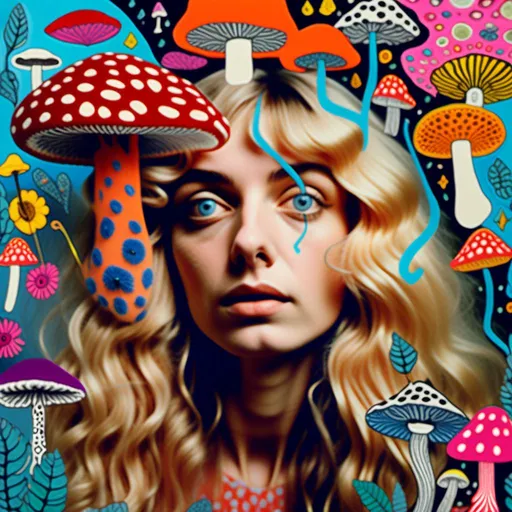 Prompt: <mymodel> a psychedelic stoned tripping goofy quirky looking but pretty woman with long blond very curly hair and blue eyes collaging with drawings of mushrooms, psychedelic vibrant color palette, psychedelic, whimsical and surreal, intricate collage details, trippy, weird, ethereal glow, dreamy lighting, high quality, ultra-detailed, fantasy, vibrant tones, surreal lighting, whimsical design, collage art, multimedia collage