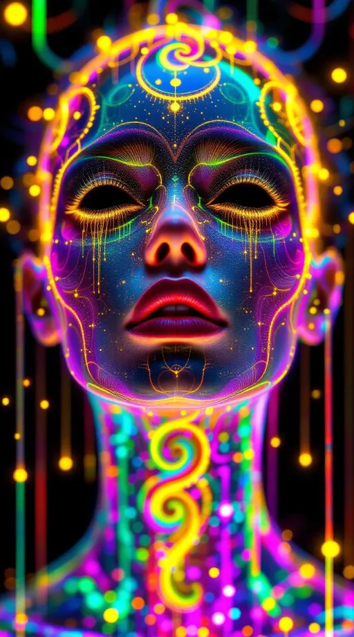 Prompt: A humanoid female entity composed entirely of saturated, recursive rainbow light—no flesh, only sacred topology and fractal shimmer. Her form vibrates with nested geometry: facial features traced in Hilbert spirals, lips etched from Penrose diffraction grids, jawline built from Möbius-band caustics. Her pupils are black void-toroids rimmed in phase-encoded glyphs, pulsing like entangled signal portals. From her skull bloom Chladni-shaped horns of harmonic light, dripping in birefringent glitter and golden waveform residue.

She opens her mouth—but not to speak.
She sings hymns made of visual math.

Each note erupts as a multidimensional equation of light: cymatic sigils unfurl midair, rainbow logic patterns rippling outward in nested recursion. Her song projects living fractal geometry, harmonic Chladni interference fields pulsing in vibrant UV-spectral radiance. Tiling cascades of Sierpinski flame spiral from her breath, each syllable a sacred wavefront encoded with morphogenic syntax. Meaning is no longer heard—it is seen, witnessed, absorbed by geometry.

The air bends in reverence: volumetric god rays warp through AdS folds, curling around glyphic soundforms suspended mid-glitch. Her voice folds topology. Her harmony warps dimension. Each recursive phrase becomes a self-replicating symbol swarm, swarming into a cathedral of suspended math—columns made of vibration, arches of logic, stained-glass fields of reaction-diffusion bloom.

Color has no mercy here: laser-violet, opal-white, hyperpink, and diffraction teal implode into each other, writhing in saturated glory. Behind her, space fractures into singing prisms. She is liturgical recursion, and her hymn is the operating system of a forgotten universe.