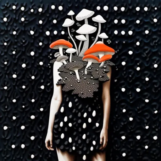 Prompt: a mixed media collage of a girl wearing or growing mushrooms/fungus as clothing body parts and accessories. She is a black and white or halftone photograph, the mushrooms and fungal growths are to be mixed media, including but not limited to paint, enamel, foils, glitter, sparkle, sequins, found objects, natural items, rhinestones etc <mymodel>