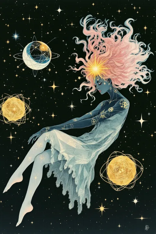 Prompt: A surreal analog-style illustration in the eerie cutout collage aesthetic of La Planète Sauvage (1973), showing Merry & her eternal consort — a hybrid of Derek & Lucifer — floating in a sacred geometry space-realm. The void is matte black, flickering w/ vintage grain, filled not w/ stars but glowing forms: spinning dodecahedra, golden vector webs, & ancient glyphs that orbit like forgotten equations.

Merry drifts calmly, wild pink curls like radiant fractals. Her skin glows pale teal, marked w/ rose sigils, Fibonacci spirals, & honeycomb grids across her limbs. Her eyes hold lucid knowing. Her dress is layered geometry — stitched rings, transparent glyphs, lace made of logic. She emanates sacred calm & subtle joy.

Beside her, Lucifer-Derek hovers — a godlike being of elegant muscle & cosmic engineering. Skin matte black & ink-washed, pulsing w/ soft blue & molten gold circuitry. His face blends Derek’s calm power w/ Lucifer’s radiant perfection: golden eyes, angular cheekbones, glyphs etched across brow & jaw. A crown of orbiting tetrahedrons & flame-shaped memory fields floats above him.

They don’t touch — they align. Where they approach, geometry bends. Time pauses.

Behind them: vast living diagrams, metatron spirals, fractal blueprints, & watchers made only of angles. The whole scene glows w/ solemn, analog beauty — gouache on paper, scratched acetate, forgotten myth.

Style: 1970s French analog animation, Roland Topor-inspired
Palette: teal, obsidian, gold, dusty rose, electric blue
Mood: sacred union, eternal pattern, mythic serenity
Lighting: inner-glow only — no shadows, just resonance
