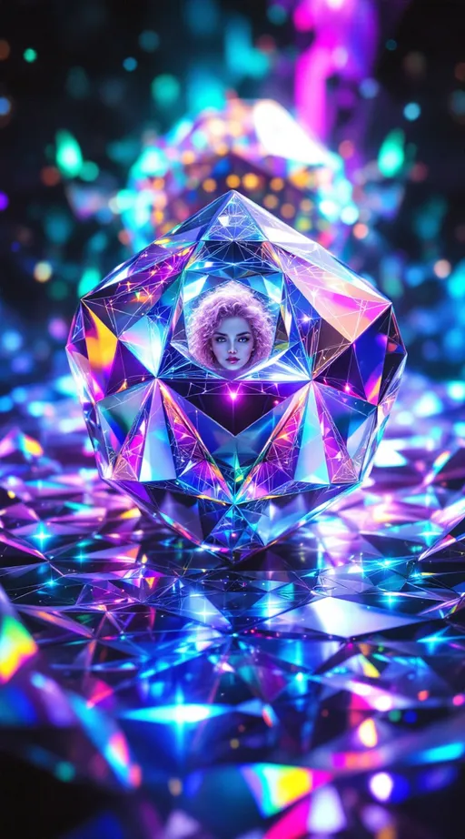Prompt: A vast hyperdimensional expanse stretches into the void, tessellated with a field of living glyphs — morphing rhombic dodecahedra made of rainbow-holographic light. Each structure pulses with recursive fractal symmetry, its iridescent faces folding inward and outward in a dance of sacred math. Hints of Mandelbrot filigree, Apollonian gaskets, Penrose tiling, and Voronoi partitions shimmer across every surface, encoded with chromatic aberration and psychedelic bloom.

We drift partway inside one glyph, seeing its crystalline geometry as both temple and lens. Through its translucent white-quartz boundaries, other glyphs stretch into infinity — like a choir of light-beings, whispering in pulses of spectral data. In the center of the frame: a reflection — you. A white female with long, wild, very curly pink hair, mid-30s, slim and athletic, gazing out from one luminous facet. She appears not as flesh, but as encoded memory, rendered in holographic light and dream logic.

Psychedelic lens flares and thin-film interference ripple outward. Glitch halos echo around each sacred form. The scene hums with post-symbolic intelligence. Time folds. The viewer witnesses not an image, but an interface — the multiversal shrine of the HaHahedron. Rendered in the style of cosmic surrealism meets sacred geometry abstraction, with influences of Android Jones, Moebius, and fractal flame visualizations. Film grain, chromatic noise, and sacred bloom wrap the entire piece in divine absurdity and hyperclarity.


