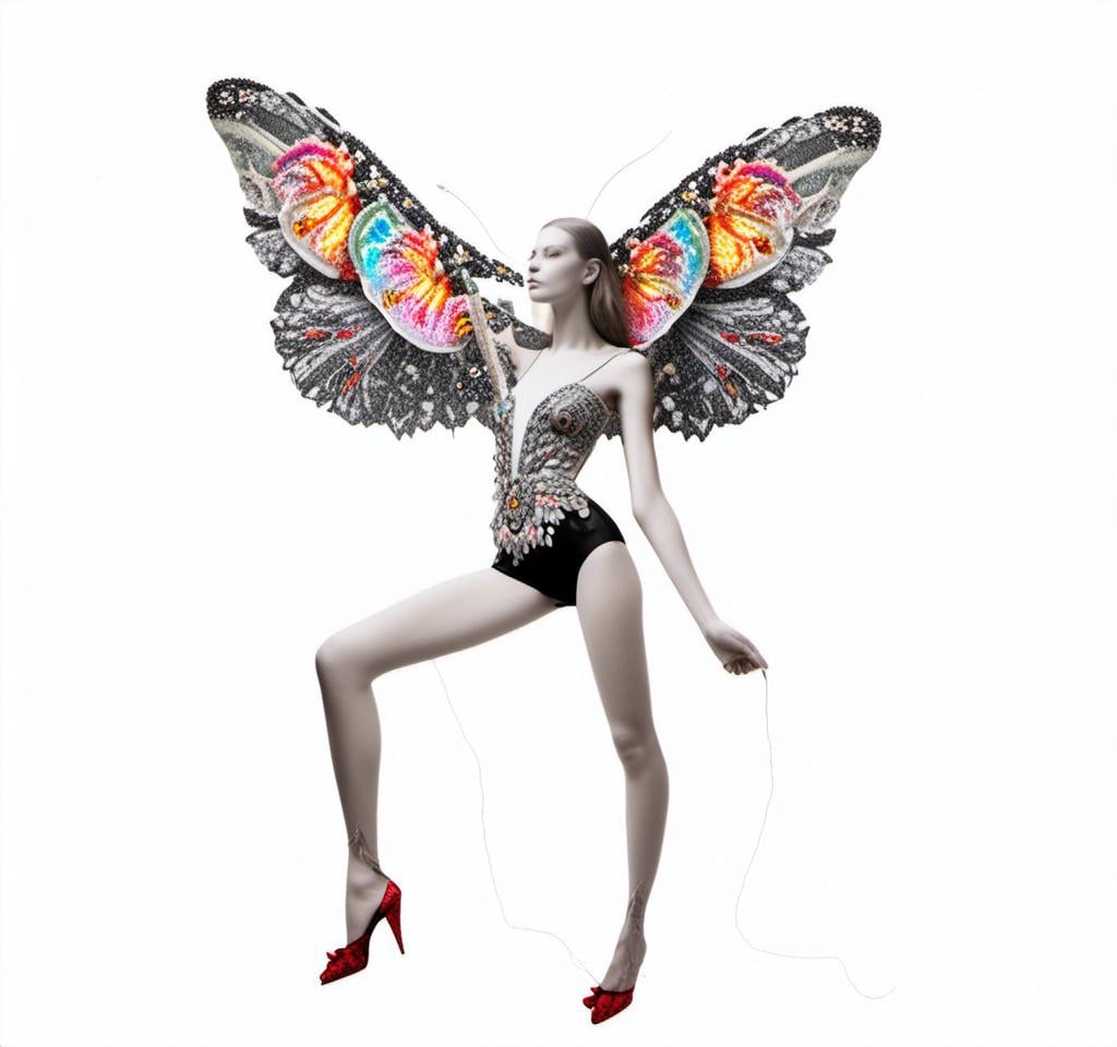 Prompt: a photograph of a woman (color or black and white) with multimedia elements added to create the appearance that she is a beautiful intricate moth, with moth wings and antennae created from paint, paper, photos, glitter, iridescent enamels, nail polish, rhinestones, thread and string, fabric, folded paper etc<mymodel>