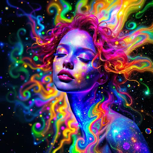 Prompt: She radiates joyful recursion—her face aglow with Newton fractal basin webs, each iridescent patch a rainbow logic map flickering with emotion. Cheekbones prism into crystal lattices—thought-nodes sparkle like math gems, pulsing with cognitive harmony. Every blink sends spectral ripples across skin; laughter folds into light. Her hair—a wild, living storm of long pink curls—burns in fractal flame trails, each strand trailing neon fire that morphs in chaotic colorbursts. The curls twist in self-affine defiance, scaling and warping across invisible axes—no symmetry, just vibrant mathplay. Her whole head is an attractor bloom: color feedback, glitch flickers, and dreamcode shimmer. Holographic math sigils orbit her like joyful satellites, reacting to her giggle-fields. She is a lightfield girl, glitch-goddess of fractal joy and radiant chaos.”
—
 Visual Keywords:
Rainbow Newton fractals, crystal lattice cheekbones, pink fractal flame curls, self-affine chaos hair, math sigils, joyful glitch aura, neon colorburst, recursive laughter light, holographic emotion field