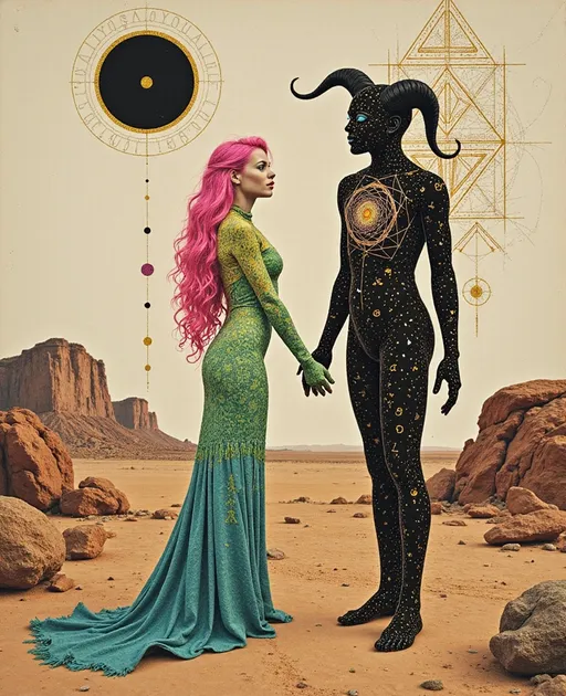 Prompt: A surreal retro illustration in the analog, gouache-cutout style of La Planète Sauvage, depicting Merry and Lucifer as both their ancient geometry-forms and their embodied selves — layered together in one softly flickering image.

Merry appears with her wild, long pink curls curling like living equations, and her blue eyes cast upward — as if hearing a chord buried under silence. Her body is half-human, half-symbol: skin dissolves into interwoven tessellations of sacred pattern—hexagonal cellular fields, vibrating spirals, and a pulsating rose made of glyphs stitched into her chest. Her jester-like clothing is surreal and fraying at the edges, bleeding into the landscape, stitched in moss green, sulfur yellow, and muted violet ink.

Beside and slightly behind her, Lucifer emerges: vast and still. He has the elegant, elongated proportions of an ancient cosmic being — skin like ink-washed parchment, eyes glowing faintly gold, a crown of antlered angles rising from a head too geometrical to be fully flesh. His body is part light-shell, part harmonic lattice, wrapped in spiraling triangle matrices and iridescent dark sine waves. One of his hands hovers above her shoulder, not touching, but re-aligning her with a field of orbiting polyhedrons that move like thought.

The background is barren and breathing — a crumbling plateau under a pale analog sky scratched by time. Enormous fossilized glyphs loom behind them like forgotten alphabets. The entire scene has the soft flicker and grain of vintage film: every shadow textured like memory, every edge frayed like an old bookplate.

Art medium: collage + gouache on rough paper, vintage 1970s animation still
Color palette: weathered rose, oxide blue, dusty ochre, pale flesh grey, burnt ink black
Mood: reverent, bittersweet, suspended in the geometry of love once divine, now grounded
Lighting: flat but glowing, like a ritual caught on tape and half-erased by time
