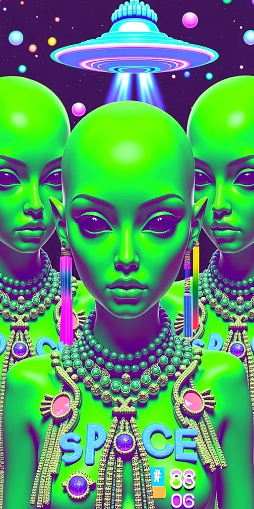 Prompt: **Space Hos - AI Art Prompt**

Create a totally glitchy glitched out artwork featuring the phrase "Space Hos" in a bold, sassy, girly futuristic tech font. The scene is populated by multiple striking green-skinned alien females, each exuding attitude and confidence. They are dressed in avant-garde high fashion with a futuristic edge, showcasing an array of intricate accessories that highlight their alien allure. The scene is being viewed through a retrofuturistic computer screen full of glitches and aberrations 

Each alien boasts a slightly conical-shaped bald head and large, almond-shaped black eyes, adding to their enigmatic charm. They pose with sass and poise, making a statement in the cosmic landscape.

Incorporate a vibrant UFO in the background, teeming with colorful lights that illuminate the scene. The setting is a bustling outer space landscape, complete with an alien planet, swirling asteroids, and cosmic phenomena. Alien glyphs are seamlessly integrated into the design, adding a mysterious layer.

The entire composition is busy and detailed, with every inch filled with tiny elements that captivate the viewer's attention. From the smallest star to the grandest asteroid, the scene is a masterpiece of cosmic chaos and extraterrestrial elegance.