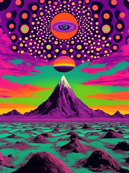 Prompt: <mymodel> A weird trippy surreal vintage psychedelic collage, (hot purple, black & white- teals/purple-blue/seafoam green accents)  cut and paste, optical illusions, psychedelic patterns, alien  landscapes, eyes!!! , UFOs, strange creatures, magic mushrooms, planets/asteroids/space, cats, cheeseburgers, tacos, aliens, weird surreal trippy