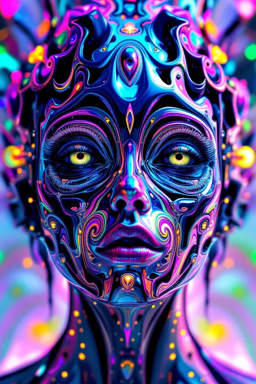 Prompt: A multifaced humanoid figure with kaleidoscopic eyes and fractal, iridescent skin, floating in a prismatic void. The body is layered with holographic drips, oil-slick textures, and liquid rainbow surfaces. Optical illusion patterns—black-and-white moiré and vibrant colored spirals—wrap around the figure, blending with glowing Mandelbrot fractals and sacred geometry. Recursive features repeat through the design: eyes within eyes, faces within faces, spiraling endlessly. The lighting glows from within the being, casting soft chromatic fog and subtle strobe shadows. Framed in a warped, kaleidoscopic close-up composition, with orbiting shards and fractal symmetry. Digital surrealism, glitchcore, sacred-tech aesthetic.
