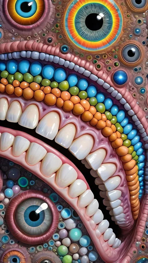 Prompt: an extremely hyper realistic ultra super textural weird trippy surreal psychedelic entity, Apollonian Gaskets, white, translucent, clear, bright bright pastel colors, oil slick rainbow sheen effect, lots and lots of light, lots of crazy colorful compound psychedelic human eyes, rows of human teeth, fungus, atoms, diatoms, Apollonian Gaskets