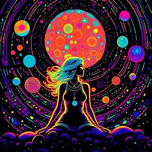 Prompt: <mymodel>Vintage 70s black light poster art illustration, girl hallucinating in space, psychedelic mushrooms, planets, moons, stars, fractals, vibrant colors, intense black light effects, detailed psychedelic girl, cosmic atmosphere, high quality, psychedelic, vintage, space, vibrant colors, fractal details, hallucination, girl illustration, retro art style, cosmic lighting