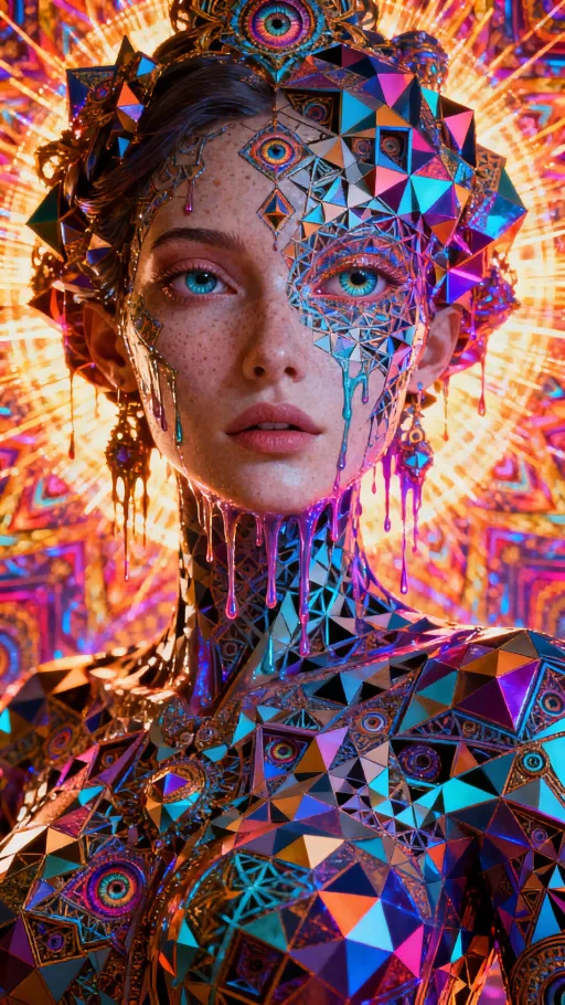 Prompt: A hypersaturated fractal goddess with a face that unravels into geometric hyperbeings, her skin dripping with impossible tessellations, her eyes opening into other eyes that open into worlds that deny themselves.
She is the lattice of color itself, breathing, impossible, too crisp for the eye but too strange for the mind, her form both fractal and myth, her aura exploding into entoptic patterns that refuse to resolve.