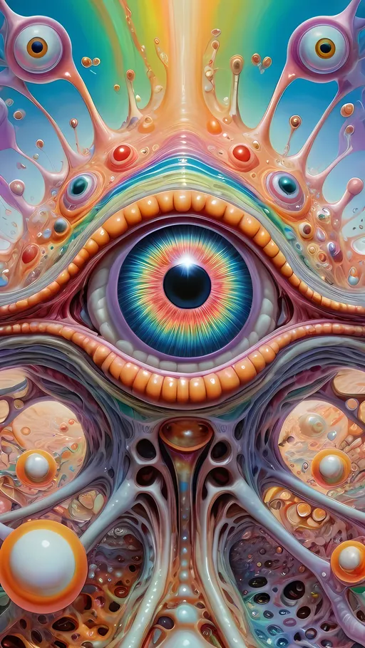 Prompt: an extremely hyper realistic ultra super textural weird trippy surreal psychedelic entity, gyroid structures, Harmonic Oscillations, white, translucent, clear, bright bright pastel colors, oil slick rainbow sheen effect, lots and lots of light, lots of crazy colorful compound psychedelic human eyes, rows of human teeth, fungus, atoms, diatoms, gyroid structures, Harmonic Oscillations