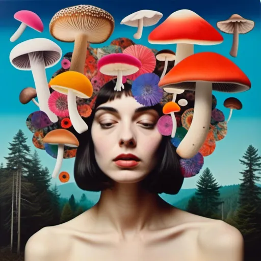 Prompt: <mymodel>Mixed media collage of a beautiful woman, mushroom headpiece, surreal atmosphere, vibrant colors, high quality, mixed media collage, surreal, vibrant colors, detailed facial features, ethereal lighting