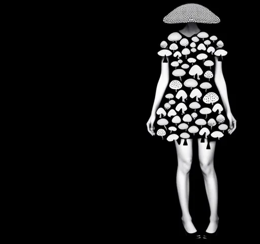 Prompt: a mixed media collage of a girl wearing or growing mushrooms/fungus as clothing body parts and accessories. She is a black and white or halftone photograph, the mushrooms and fungal growths are to be mixed media, including but not limited to paint, enamel, foils, glitter, sparkle, sequins, found objects, natural items, rhinestones etc <mymodel>