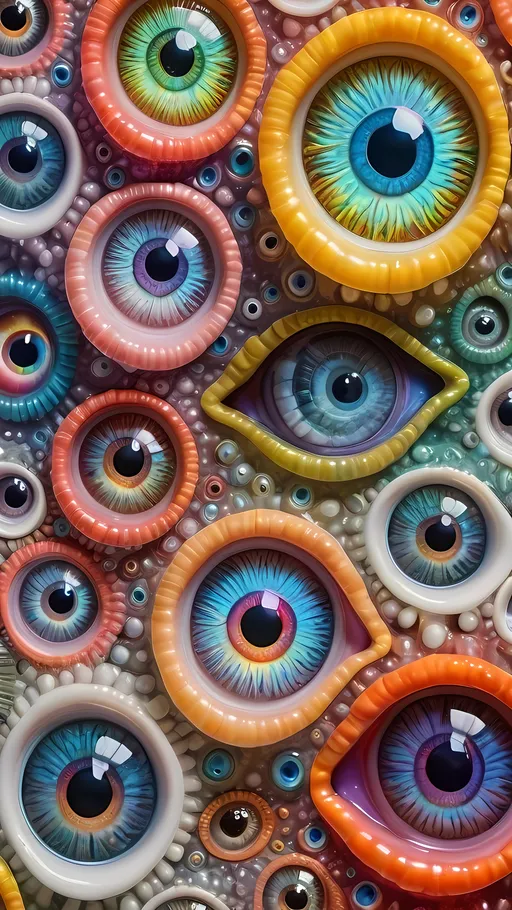 Prompt: an extremely hyper realistic ultra super textural weird trippy surreal psychedelic entity, white, translucent, clear, bright bright pastel colors, oil slick rainbow sheen effect, lots and lots of light, lots of crazy colorful compound psychedelic human eyes, rows of human teeth, fungus, atoms, diatoms, 