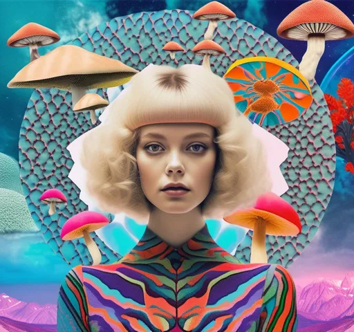 Prompt: a psychedelic collage reminiscent of 70s psychedelic sci fi collage artwork celebrating a girl on mushrooms. It is to feature a photograph of a woman with blond curly hair that is edited by splicing it with other images from photographs, magazines, newspapers, illustrations/paintings to create the impression she is high on magic mushrooms. The work will include such elements as a psychedelic 3rd eye open, stars and planets, trippy optical illusions and patterns, psilocybin cubensis mushrooms, fractals, UFOs, aliens, geometric shapes, auras, rainbow spectrums, sacred geometry, trippy drippy stuff, psychedelic hallucinations, open eyes, landscapes of astral worlds<mymodel>