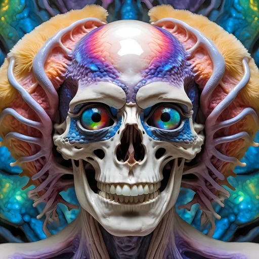 Prompt: Extremely hyperrealistic, ultra hypertextural psychedelic weird surreal hallucination entity creature, head, torso, geometric interdimensional tesseract, translucent white, bright pastel colors, swirling rainbow oil slick sheen effect, lots of light,  fungus, mushroom, lots of trippy crazy psychedelic human eyes, human teeth, brains, skin, metal, silver, chrome, leather, feathers, scales, fur,  Chromatophore, pigment cell, melanophore, iridophore, leucophore, xanthophore, erythrophore, cyanophore, pigment granules, melanin, carotenoids, pteridines, guanine crystals, reflective platelets, dermal chromatophore unit, pigment dispersion, pigment aggregation, color change, adaptive coloration, cryptic coloration, aposematic coloration, structural coloration, biochromes, photophores, neuromuscular control, hormonal control, neural activation, physiological color change, morphological color change, chromatophore expansion, chromatophore contraction, cellular signaling, light reflection, light absorption, light scattering, iridescence, bioluminescence, pigment synthesis, pigment degradation, chromatophore patterning, environmental adaptation, camouflage, signaling, communication, behavioral adaptation., extreme organic textures, metallic textures