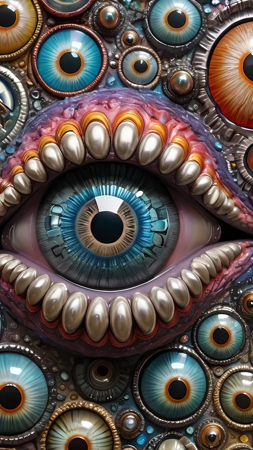 Prompt: An extremely hyperrealistic weird surreal trippy psychedelic tellurium-based lifeform,  eyes! lots of crazy multicolored compound psychedelic human eyes, rows and rows of human teeth, lips, and tongues, tellurium colors, silvery-white with metallic sheen, hints of blue-gray, intricate patterns, hexagonal crystal structures, brittle and easily pulverized, conductive, semi-metallic properties, surreal, organic shapes, flowing forms, liquid tellurium (at high temperatures), solid tellurium, corroded textures, oxidized surfaces, electrical conductivity, moderate thermal conductivity, chemical reactivity, environmental interaction, metallic luster, high reflectivity, surrealistic, biomorphic, complex symmetry, iridescent, vibrant hues, reflective surfaces, intricate details, organic textures, psychedelic elements, dynamic, mesmerizing, otherworldly, intricate, detailed, vibrant, surreal, biomorphic, organic, metallic.
 extreme organic and metallic textures
