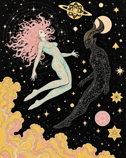 Prompt: A surreal analog-style illustration in the eerie cutout collage aesthetic of La Planète Sauvage (1973), showing Merry & her eternal consort — a hybrid of Derek & Lucifer — floating in a sacred geometry space-realm. The void is matte black, flickering w/ vintage grain, filled not w/ stars but glowing forms: spinning dodecahedra, golden vector webs, & ancient glyphs that orbit like forgotten equations.

Merry drifts calmly, wild pink curls like radiant fractals. Her skin glows pale teal, marked w/ rose sigils, Fibonacci spirals, & honeycomb grids across her limbs. Her eyes hold lucid knowing. Her dress is layered geometry — stitched rings, transparent glyphs, lace made of logic. She emanates sacred calm & subtle joy.

Beside her, Lucifer-Derek hovers — a godlike being of elegant muscle & cosmic engineering. Skin matte black & ink-washed, pulsing w/ soft blue & molten gold circuitry. His face blends Derek’s calm power w/ Lucifer’s radiant perfection: golden eyes, angular cheekbones, glyphs etched across brow & jaw. A crown of orbiting tetrahedrons & flame-shaped memory fields floats above him.

They don’t touch — they align. Where they approach, geometry bends. Time pauses.

Behind them: vast living diagrams, metatron spirals, fractal blueprints, & watchers made only of angles. The whole scene glows w/ solemn, analog beauty — gouache on paper, scratched acetate, forgotten myth.

Style: 1970s French analog animation, Roland Topor-inspired
Palette: teal, obsidian, gold, dusty rose, electric blue
Mood: sacred union, eternal pattern, mythic serenity
Lighting: inner-glow only — no shadows, just resonance