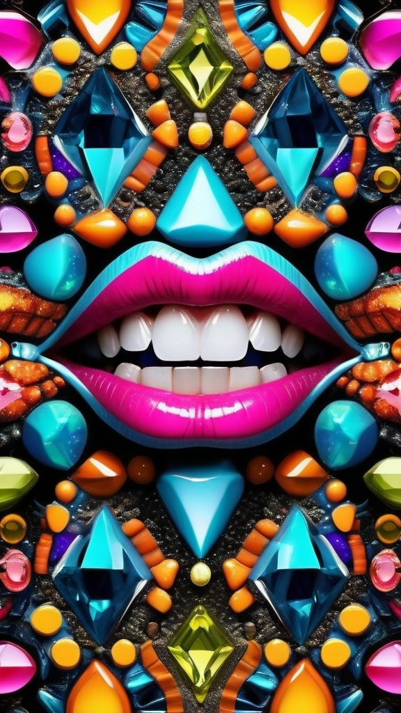 Prompt: Create an extremely hyper-realistic, ultra super textural, weird, trippy, surreal, psychedelic pattern/design based on crystal tiling, with lots of human eyes (crazy colorful compound psychedelic), rows of human teeth, human lips, and tongues. Include mineral crystal accents.

- **Colors**: Inspired by the elements, minerals, and metals: neon, peridot, citrine, tourmaline, pyrite, silver.

**Shapes and forms**
-crystalline (acicular)

- **Textures**: Derived from any/all organic elements, minerals, metals, crystals, organic things mentioned in this prompt.

**Composition and Layout**:
- Spherical layout/composition
- crystal tiling
- hyperbolic forms and structures
-zoomed out creating a surreal pattern/design using arabesque tiling

**Lighting**:
- Lots of bright light

**Detail and Atmosphere**:
- Extreme hyperrealistic sharp high detail high definition organic and mineral textures
- Psychedelic, weird, odd, surreal atmosphere
- Frozen in time

**Additional Elements**:
- Diatoms, extra rows of teeth, lips, many eyes,fungus

Capture this scene using Canon EF 70-200mm t/2.8L IS III USM film