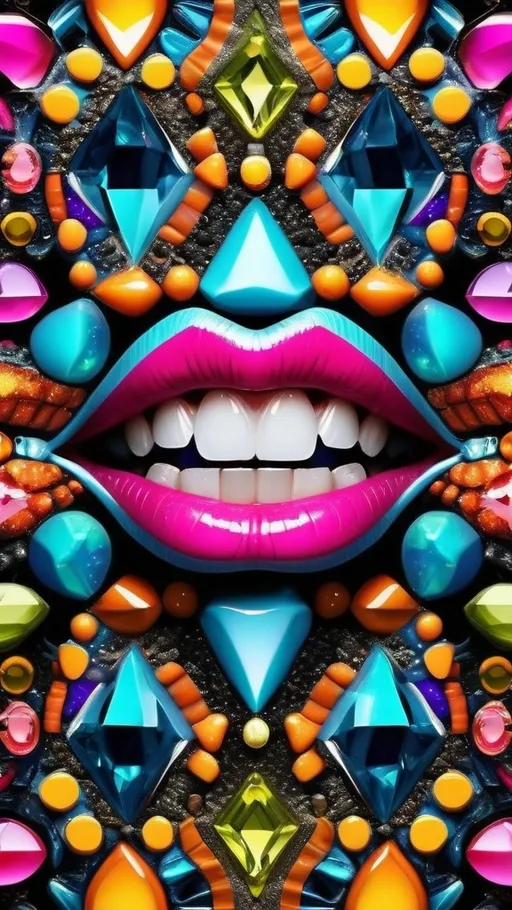 Prompt: Create an extremely hyper-realistic, ultra super textural, weird, trippy, surreal, psychedelic pattern/design based on crystal tiling, with lots of human eyes (crazy colorful compound psychedelic), rows of human teeth, human lips, and tongues. Include mineral crystal accents.

- **Colors**: Inspired by the elements, minerals, and metals: neon, peridot, citrine, tourmaline, pyrite, silver.

**Shapes and forms**
-crystalline (acicular)

- **Textures**: Derived from any/all organic elements, minerals, metals, crystals, organic things mentioned in this prompt.

**Composition and Layout**:
- Spherical layout/composition
- crystal tiling
- hyperbolic forms and structures
-zoomed out creating a surreal pattern/design using arabesque tiling

**Lighting**:
- Lots of bright light

**Detail and Atmosphere**:
- Extreme hyperrealistic sharp high detail high definition organic and mineral textures
- Psychedelic, weird, odd, surreal atmosphere
- Frozen in time

**Additional Elements**:
- Diatoms, extra rows of teeth, lips, many eyes,fungus

Capture this scene using Canon EF 70-200mm t/2.8L IS III USM film