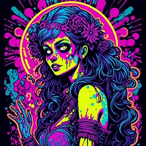 Prompt: <mymodel>70s black light poster, retro punk zombie babe, vibrant oooze, psychedelic, high quality, vector illustration, retro, punk, zombie, vibrant colors, neon lighting, oozing details, vintage, psychedelic art, retro fashion, glow effects, detailed hair, mesmerizing eyes