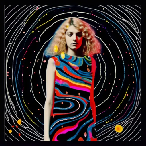 Prompt: <mymodel>Mixed media collage of an astral entity in the astral realms in outer space but also another beautiful glowing dimension of radiance
And love and light. She has long blond curly hair and appears as a photograph, maybe black and white or halftone, while the mixed media colors and sparkles and sacred geometries of the astral dimension swirls around her and out of her in the form of paint, foils, glitter, sparkles, rainbows, auras, sequins, enamels, rhinestones, thread, broken glass, etc