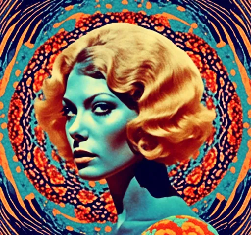 Prompt: <mymodel>Psychedelic trippy collage with a surreal vintage 70s sci-fi feel, vibrant colors, retro futuristic elements, surreal landscapes, detailed psychedelic patterns, high quality, vintage sci-fi, mixed with photograph of a woman with blond curly hair, geometric shape and optical illusions, vibrant colors, surreal, detailed patterns, trippy, collage, 70s, retro futuristic, eyes, surreal landscapes, detailed, atmospheric lighting