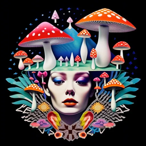 Prompt: a surreal trippy psychedelic  mixed media collage evoking the feel of vintage trippy surreal multimedia collages. It will feature mushrooms/fungus, psychedelic eyes, etc & be set amongst trippy psychedelic patterns/optical illusions,, geometric shapes and will include mediums such as photography, printmaking, painting, illustration, paper cutting, paper folding, glitter, silver foil/enamel, rhinestones, sequins, thread/string and anything else<mymodel>