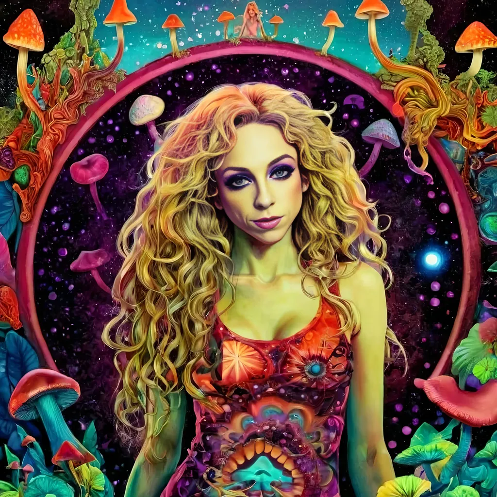 Prompt: A psychedelic trippy bright colorful vivid black light poster illustration of a girl with longish blond curly hair, with psychedelic magic mushrooms, trippy hallucinations, optical illusions and patterns, crystals, moss, forest, moon, geometry fractals