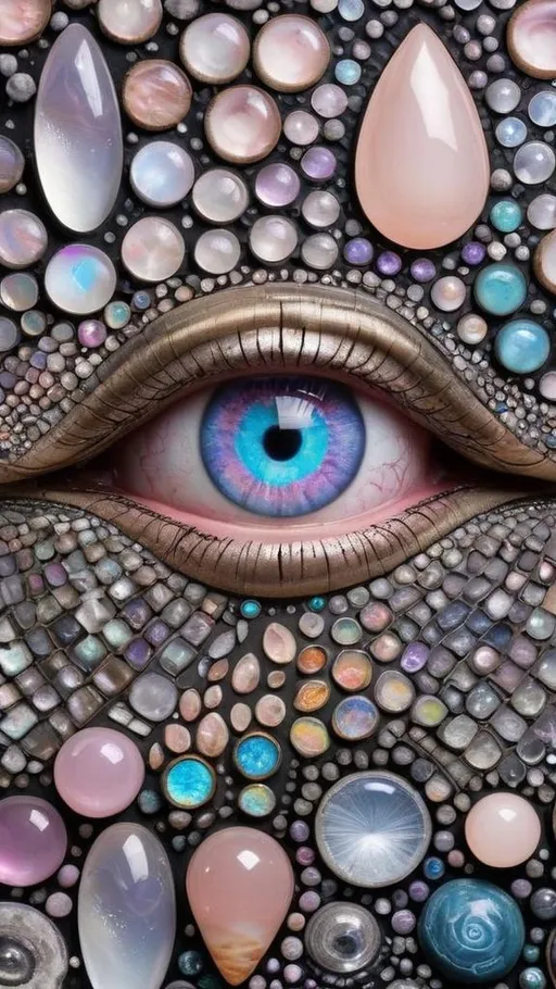 Prompt: Create an extremely hyper-realistic, ultra super textural, weird, trippy, surreal, psychedelic eyes/teeth/mouth pattern/design based on Mandelbrot & “Op Art tiling” with lots of human eyes (crazy colorful compound psychedelic), rows of human teeth, human lips, and tongues. 

- **Colors**: determined by the properties and expressions of the elements (& their isotopes), minerals, and metals: opal, moonstone, Kunzite, selenite, rose quartz, Platinum (Pt)

**Shapes and forms**
- Mandelbrot 
- "Op Art tiling" 
-other shapes determined by the natural properties and expressions of the elements (& their isotopes), minerals, metals, and biological organisms: opal, moonstone, Kunzite, selenite, rose quartz,  Platinum (Pt)


- **Textures**: Derived from any/all elements (& their isotopes), minerals, metals, crystals, organic things mentioned in this prompt: opal, moonstone, Kunzite, selenite, rose quartz, Platinum (Pt)

**Composition and Layout**:
- a pattern/design based on the Op Art tiling & Mandelbrot 

**Lighting**:
- lots of bright light
- Iridescence
- Aventurescence
- Chatoyancy
- Asterism

**Detail and Atmosphere**:
- Extreme hyperrealistic sharp high detail high definition organic and mineral textures
- Psychedelic, weird, odd, surreal atmosphere
- Frozen in time

**Additional Elements**:
- extra rows of teeth, lips, many eyes, Op Art tiling, Mandelbrot, Iridescence
