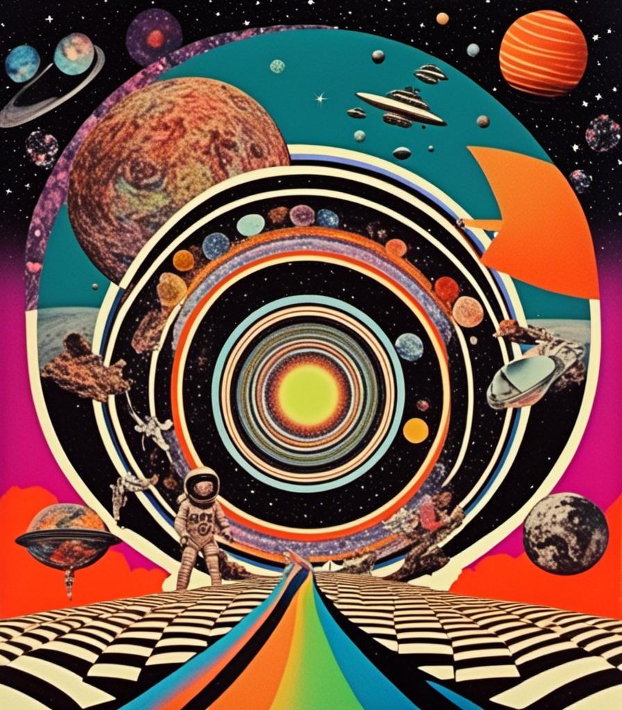 Prompt: a psychedelic collage with a vintage 70s sci-fi animation feel to it except the subject matter will be CATS IN SPACE! The collage will have elements of photography, illustration, trippy patterns and optical illusions, alien landscapes, strange trippy planets, UFOs,, meteors, all cut and spliced together in a psychedelic collage style <mymodel>