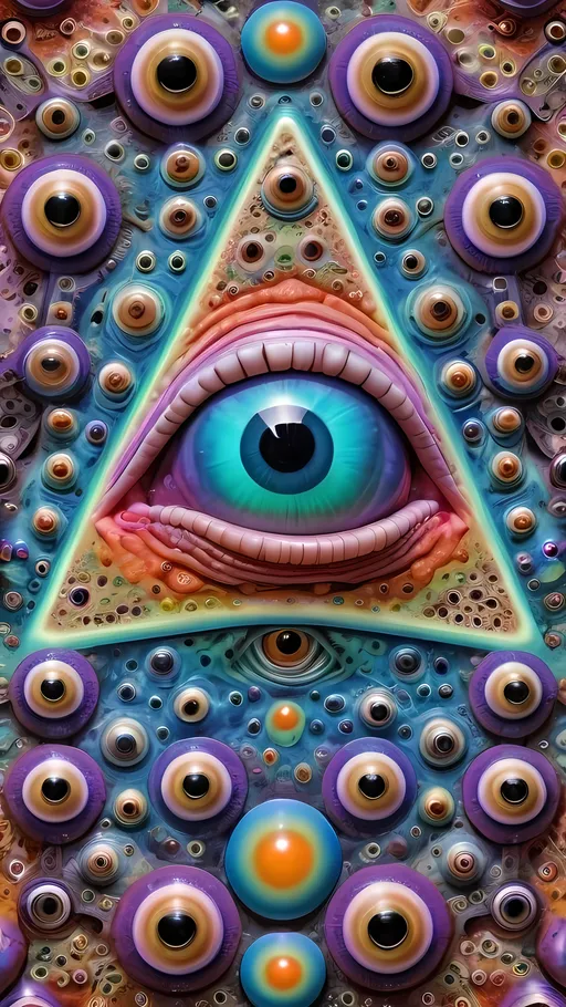 Prompt: an extremely hyper realistic ultra super textural weird trippy surreal psychedelic entity, gyroid structures, Pascal's Triangle, tessellation, apollonian gaskets, white, translucent, clear, bright bright pastel colors, oil slick rainbow sheen effect, lots and lots of light, lots of crazy colorful compound psychedelic human eyes, rows of human teeth, fungus, atoms, diatoms, gyroid structures, tessellation, apollonian gaskets, sierpinski triangle