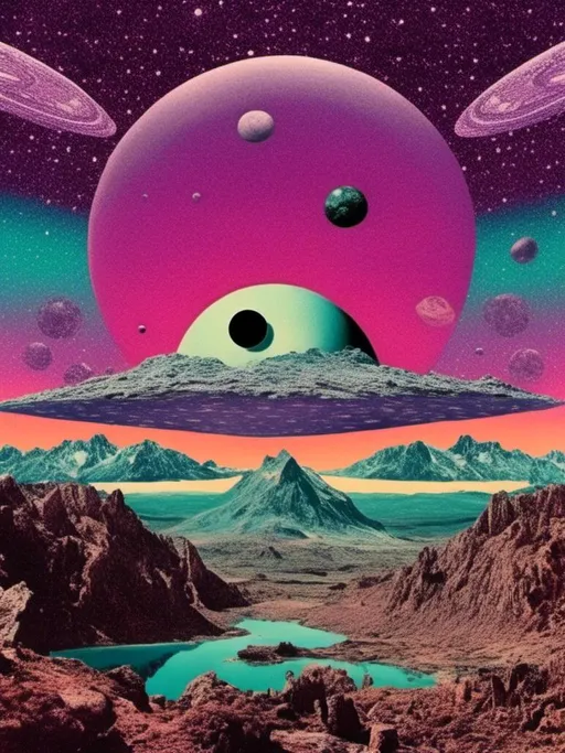 Prompt: <mymodel> A weird trippy surreal vintage psychedelic collage, (hot purple/pink, black & white- teals/purple-blue/seafoam green accents)  cut and paste, optical illusions, psychedelic patterns, alien  landscapes, eyes!!! , UFOs, strange creatures, magic mushrooms, planets/asteroids/space, cats, cheeseburgers, tacos, aliens, weird surreal trippy