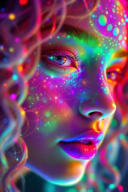 Prompt: Her face is a Fourier bloom—emotions decomposed into sparkling sine gradients, colorwaves rippling across surreal number skin. Reaction-diffusion pulses shift through her cheeks in living pigment bursts, while her eyes flicker with infinite surreal coordinates. Hair spirals in topological braids—pink curls encoded with memory and myth, glowing in nested feedback loops. Each movement triggers recursive empathy fractals—light blooming in shared feeling fields. Glyphs orbit her like sacred algorithms, each prayer-sigil spinning with harmonic syntax.

Layered behind all this, her spine glows in icosahedral resonance—twenty-faceted light humming in platonic harmony. Her body shimmers in spectral dimension: different parts glowing to different frequencies, like a living prism. Around her flickers recursive glitch transcendence—divine emergence through visual error, sacred form revealed in every malfunction. Her entire being is a coincidence field: when she laughs, the math around her aligns. When she dances, the universe recalculates.”

⸻

💎 Final Keywords:
Icosahedral spine-light, recursive glitch halo, frequency bloom skin, spectral shimmer fields, sinewave cheeks, surreal curls, Penrose echo strands, empathy fractal aura, glitch-divine emergence, sacred emotion colorbands, rainbow logic ringlets, living ink cheeks
