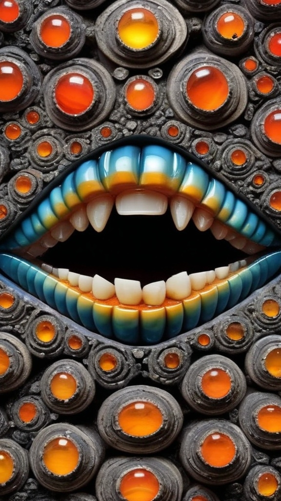 Prompt: Create an extremely hyper-realistic, ultra super textural, weird, trippy, surreal, psychedelic eyes/teeth/mouth pattern/design based on the “labyrinth fractal” & “op art tiling” with lots of human eyes (crazy colorful compound psychedelic), rows of human teeth, human lips, and tongues. 

- **Colors**: determined by the natural properties and expressions of the elements (& their isotopes), raw rough minerals, and metals:
- Molybdenum (Mo)
- Fire Opal
- rough Diamond
- Schorl
- Marcasite

**Shapes and forms**
- main form: “labyrinth fractal”
-other shapes determined by the natural properties and expressions of the elements (& their isotopes), raw rough minerals, metals, and biological organisms: 
- Molybdenum (Mo)
- Fire Opal
- rough Diamond
- Schorl
- Marcasite

- **Textures**: Derived from any/all elements (& their isotopes), minerals, metals, crystals, organic things mentioned in this prompt: 
- “labyrinth fractal”
- Molybdenum (Mo)
- Fire Opal
- rough Diamond
- Schorl
- Marcasite

**Composition and Layout**:
- a pattern/design based on “labyrinth fractal”



**Lighting**
- lots and lots of bright shining reflective light
- opalescence


**Detail and Atmosphere**:
- Extreme hyperrealistic sharp high detail high definition organic and mineral textures
- Psychedelic, weird, odd, surreal atmosphere
- Frozen in time

**Additional Elements**:
- extra rows of teeth, lips, many eyes, “labrynth fractal”, Aventurescence, Chatoyancy
