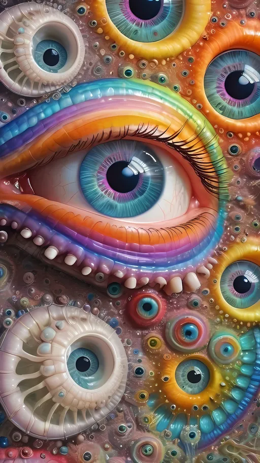 Prompt: an extremely hyper realistic ultra super textural weird trippy surreal psychedelic entity, Diophantus spiral, white, translucent, clear, bright bright pastel colors, oil slick rainbow sheen effect, lots and lots of light, lots of crazy colorful compound psychedelic human eyes, rows of human teeth, fungus, atoms, diatoms, diophantine spirals
