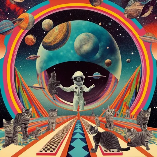 Prompt: a psychedelic collage with a vintage 70s sci-fi animation feel to it except the subject matter will be CATS IN SPACE! The collage will have elements of photography, illustration, trippy patterns and optical illusions, alien landscapes, strange trippy planets, UFOs,, meteors, all cut and spliced together in a psychedelic collage style <mymodel>