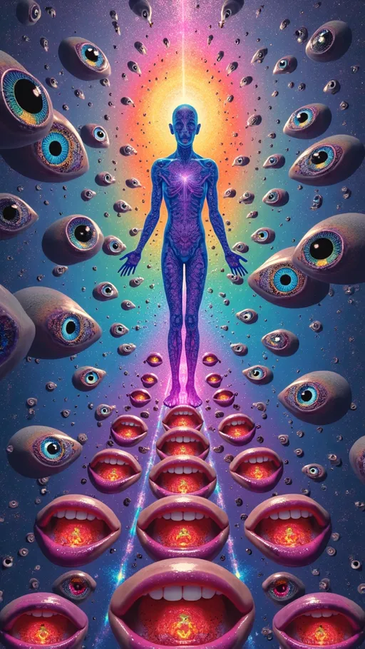 Prompt: In a dimension where quantum and math converge, a vibrant entity emerges, embodying reality as a construct. Its form pulses with colors—neon purples, electric oranges, and luminous turquoises—rippling like liquid light.

Surrounding it are psychedelic human eyes, each a kaleidoscope of patterns and colors. These eyes are mathematically arranged in logarithmic spirals and golden ratios, floating in the void with irises swirling in fractal designs, gazing deeply.

Below, rows of human mouths stretch out, adorned with vibrant, psychedelic lips. These mouths form intricate patterns, placed according to the Fibonacci sequence. Lips shimmer in iridescent hues, teeth within glistening like pearly fractals.

The background is a subtle, dreamlike wash of cosmic colors, highlighting the entity and features. It's an abstract canvas of soft blues and pinks, contrasting with the vivid foreground.

The entity stands as an anchor amidst the chaos of eyes and mouths, creating a hypnotic rhythm. This trippy landscape invites exploration of imagination's boundaries, questioning existence's nature, and reveling in the mathematical beauty of the human form in a universe where anything is possible.