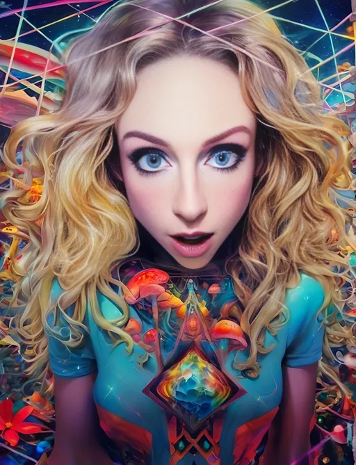 Prompt: Blonde girl with long, curly hair, psychedelic mushroom wonderland, psilocybin, DMT, trippy hallucinations, fractals, multidimensional geometry, auras, vibrant and surreal, high quality, surreal art, colorful, vibrant lighting, holograms, grid lines of the universe, underlying geometric structure of reality