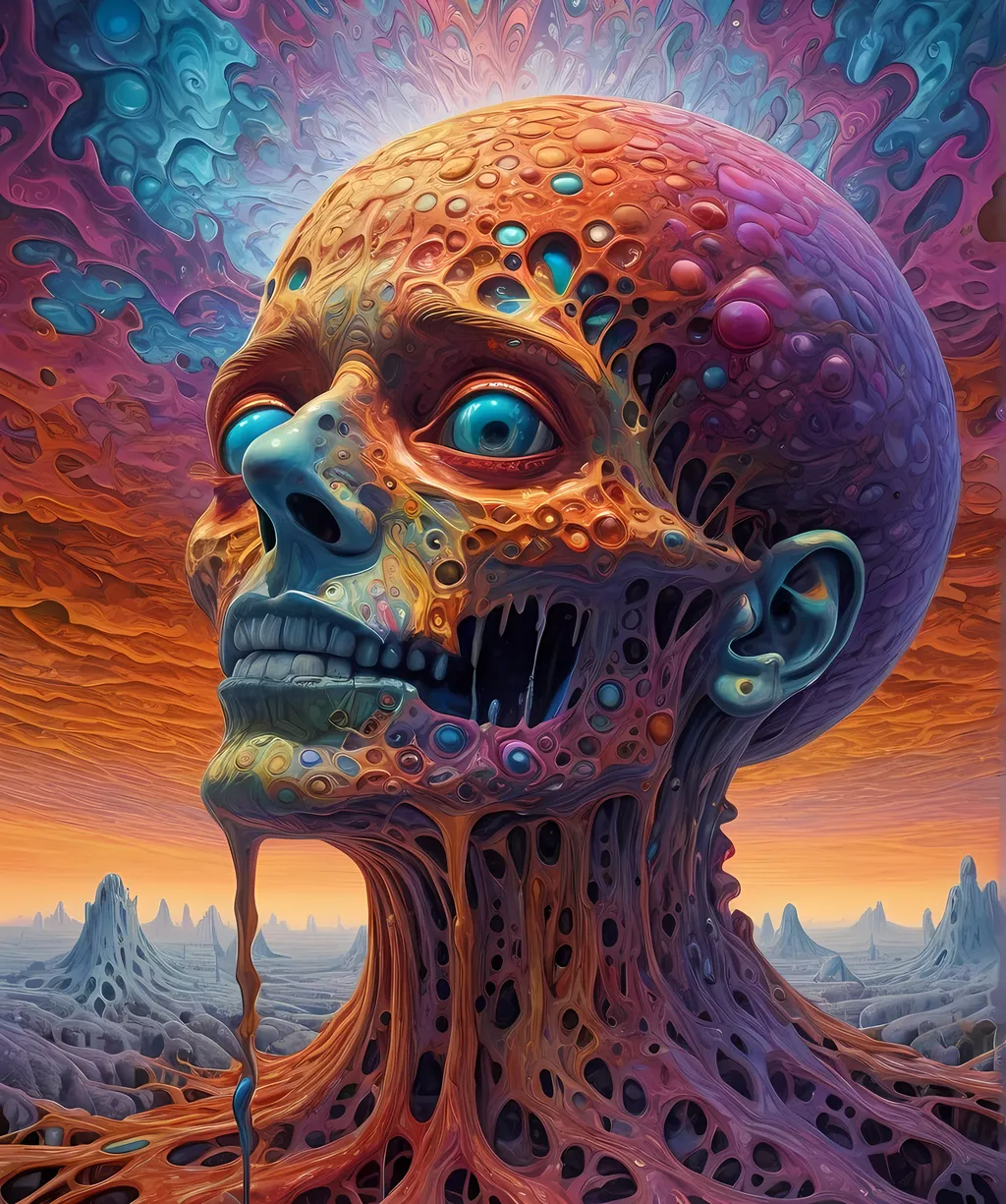 Prompt: Extreme psychedelic hyperrealism- Super high definition ultra textural Weird surreal depiction of ego death, melting into fractals, multidimensional geometric shapes, surrealism, detailed, highres, intense colors, eerie lighting, bizarre features, unsettling atmosphere, otherworldly, distorted proportions, mind-bending, dreamlike, abstract,, trippy psychedelic ultra detailed textures