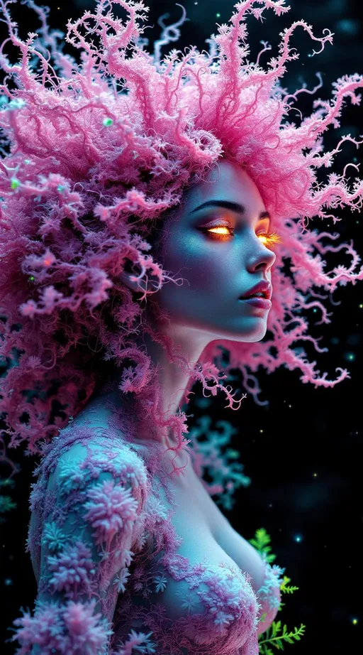 Prompt: Athletic white female, 5’4”, with defined frame, embodied in wild, cascading spirals of very curly, vivid pink hair—each curl a recursive L-system, exploding outward in coral-like tendrils. Her form is present but fluid, partially composed of Mandelbrot limb networks, gently transitioning into floral bifurcations and fractal filigree.

Overlayed across this form is a second fractal system: light-based, chaotic but fluid—a semi-transparent overlay of electrically branching Barnsley Ferns in glowing neon hues (aqua, fuchsia, solar yellow, cobalt). This secondary layer behaves as fractal caustics, bending light in recursive interference waves that pass over and through her body.

Skin surfaces reflect spectral gradients—sunset auroras diffracted into recursive shell tessellations. Her eyes glow softly, pupils nested Julia sets ringed by rainbow diffraction halos.

The background forms a deep recursive mirrorspace, echoing her silhouette in golden-ratio whirlpools. Around her, luminous roots of fractal light grow outward, like lightning trees blooming in slow motion.

Visual Behavior Tags:
	•	Dual-Fractal Composition (Physical-Mandelbrot + Light-Fern)
	•	Recursive Light Caustics
	•	Color Field: Neon Aurora Diffusion
	•	Overlay Type: Chaotic Glow Branch
	•	Eye Detail: Julia Core Diffraction

