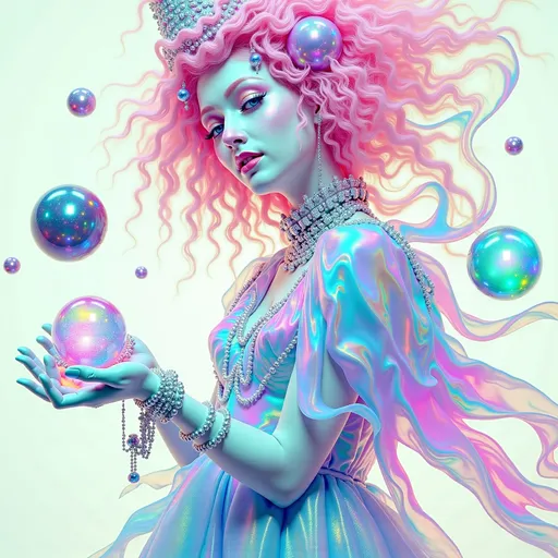 Prompt: A super hyperrealistic yet also illustrative and creative female cosmic jester, made entirely of swirling pure colored light, with long wild curly hair that appears pink but is a dazzling spectrum of hues shimmering beneath the surface. She is adorned in beautiful avant-garde "astral" jester's attire, complete with intricate clown makeup that glimmers like stardust and a definitive jester's hat adorned with miniature galaxies that orbit its tips. Her ensemble includes exquisite accoutrements—ornate cosmic bangles that hum with the resonance of distant quasars and an ethereal cape that flows like liquid auroras. She sparkles, shines, and dazzles in a mesmerizing swirl of ever-changing colors, embodying the essence of cosmic whimsy and wonder. Perched atop an enormous, spinning Möbius strip made of liquid starlight, she juggles glowing quantum orbs that flicker between states of existence, each orb containing a miniature universe that pulses with fractal patterns. The background is a psychedelic tapestry of hyperdimensional geometry, where constellations rearrange themselves into impossible shapes, and stars pulse to the rhythm of an unheard cosmic melody. Fractal tessellations resembling Escher-like infinity loops cascade through the scene, while quantum entanglement trails connect her juggling orbs in a dance of light. Möbius transformations ripple through the liquid starlight, creating endless loops of brilliance, as pulsating nebulas, astral winds swirling with cosmic dust, and shimmering auroras flow like liquid silk across the infinite expanse.