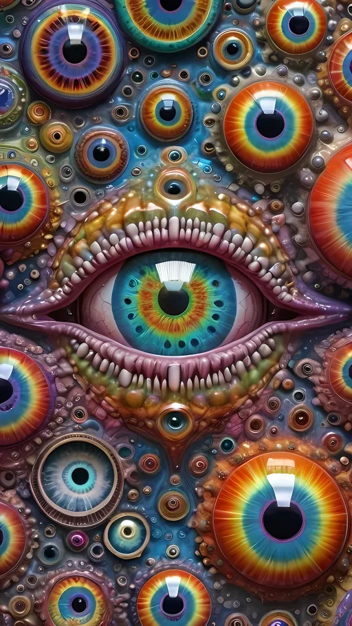 Prompt: an extremely hyper realistic ultra super textural weird trippy surreal psychedelic entity, cantor set, apollonian gaskets, catenoids, white, translucent, clear, bright bright pastel colors, oil slick rainbow sheen effect, lots and lots of light, lots of crazy colorful compound psychedelic human eyes, rows of human teeth, fungus, atoms, diatoms, enneper sufaces, apollonian gaskets, cantor set 