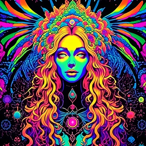 Prompt: <mymodel>Vintage 70s black light poster art illustration of a beautiful female DMT entity, long blond curly hair, otherworldly ineffable beauty, DMT waiting room, astral being, psychedelic hallucinations, vibrant colors, detailed astral features, retro artistic style, intense and vivid colors, mesmerizing aura, surreal vibes, flowing hair, radiant chakras, psychedelic realm, best quality, vibrant, retro, surreal, intense colors, detailed astral features, mesmerizing beauty, vintage, black light poster, effervescent lighting