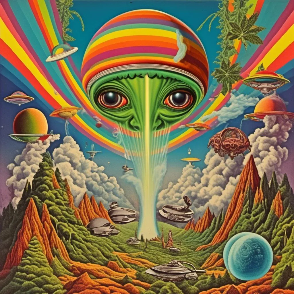 Prompt: A surreal vintage 70s psychedelic sci-fi collage involving- aliens, UFOs, cannabis, marijuana, aliens smoking reefer, aliens smoking weed out of a bong, spliced in with alien surreal landscapes, geometric shapes, optical illusions or trippy psychedelic patterns, planets and starts, rainbow spectrums<mymodel>