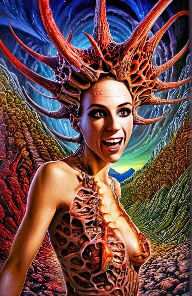 Prompt: Extreme psychedelic hyperrealism- Super high definition ultra textural Weird surreal depiction of ego death, melting into fractals, multidimensional geometric shapes, surrealism, detailed, highres, intense colors, eerie lighting, bizarre features, unsettling atmosphere, otherworldly, distorted proportions, mind-bending, dreamlike, abstract,, trippy psychedelic ultra detailed textures