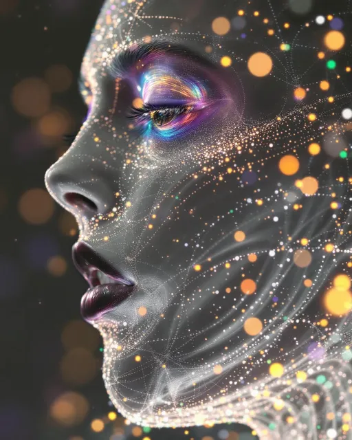 Prompt: Her face isn’t a face—it’s a stochastic state diagram rendered in light. No continuity—only discrete transition. #escape gradients drift across her cheekplanes in probability flow, each point a state S_i, her features changing by recursive rule. #orbit arcs loop along her jawline—directed edges from a transition matrix P, weighted with glow logic: each path a shimmer of likely outcomes. Lips = high-probability nodes—#iridescence glowing strongest where self-loops dominate, fading gently through low-state transitions. Her eyes are absorbing states—each iris a terminal recursion point, nested with echo patterns of all paths that lead inward. Her face pulses with #distance-mapped entropy: low in deterministic zones, bright and chaotic near stochastic divergence. Hair flows as state path braids: Markov chains woven into recursive filaments—ergodic curls, periodic wavelets, transient locks trailing #bokeh specks of probabilistic flow. Her crown is a transition lattice: arcs glowing with spectral confidence, probabilities encoded in color depth and directional phase. Her smile = a recursive return probability; her laugh = a stochastic resonance through state space bloom. She doesn’t remember—she updates. Her form pulses in #escape-band stochastic logic: obsidian blue for stability, vermilion arcs for jump risk, spectral green for long-term equilibrium. She is the avatar of process—not bound by past, but glowing in the pulse of recursive nexts. A goddess of transition, likelihood, and infinite shimmer through state.