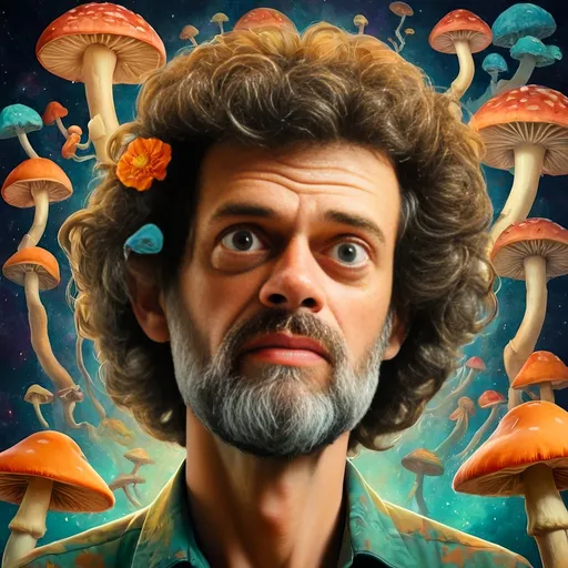 Prompt: Psychedelic poster art illustration of Terence McKenna with brain and psychedelic mushrooms, vibrant and surreal, high detailed, mixed media, trippy color palette, surreal lighting, detailed facial features, psychedelic, surreal, vibrant colors, detailed mushrooms, intricate brain, poster art, high quality, detailed illustration, mixed media, intense and surreal lighting